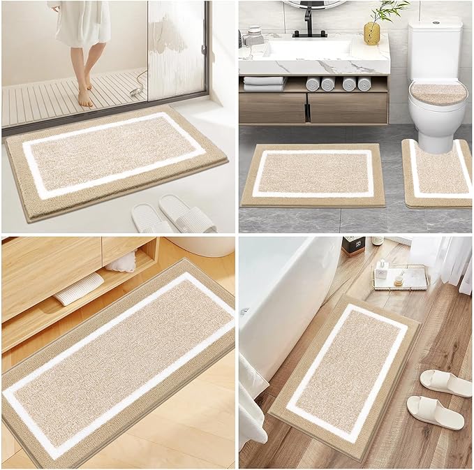 Pauwer Bathroom Rugs Set 5 Piece, Plush Absorbent Microfiber Bath Mats for Bathroom, Non Slip Washable Bath Rug Set with U Shaped Contour Toilet Rugs, Shower Rug and Toilet Lid Cover, Beige