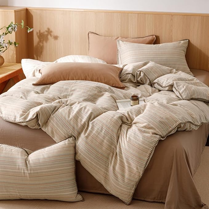 VM VOUGEMARKET Stripes Duvet Cover Set Queen 3pcs Yarn Dyed Muslin Cotton Horizontal Pinstripe Ticking Pattern Bedding Set - Tan Brown Stripe, Queen Size