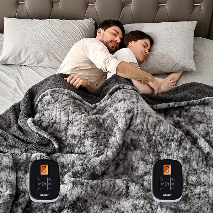 WOOMER Heated Blanket King Size, Dual Control, Electric Blanket 90"x 100", Double-Sided Faux Fur&Sherpa, Overheat Protection, 10 Heating Levels & 12H Auto Off, CPF, Home Office