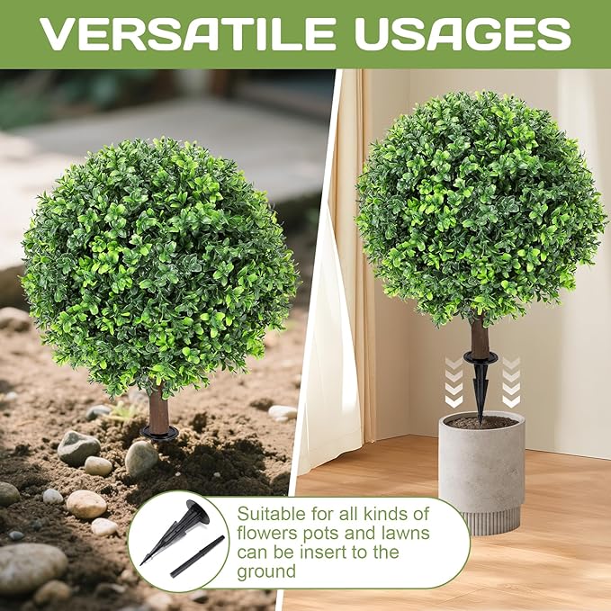 Artificial Boxwood Topiary Ball Tree 24" with Ground Spike, Set of 2 Artificial Boxwood Bushes for Faux Shrubs, Fake Evergreen Faux Plant for Indoor Outdoor Porch Garden- UV Resistant – Fade-Proof