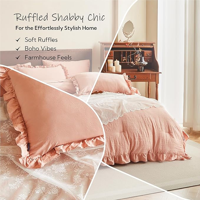 MR&HM Full Ruffle Comforter Set Coral Pink, Farmhouse Shabby Chic Bedding Set, Boho Bed in a Bag Set 7 Pieces with 1 Comforter, 1 Flat Sheet, 1 Fitted Sheet, 2 Pillowcases & 2 Pillow Shams