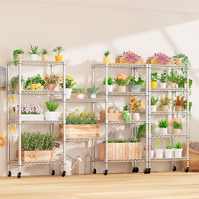 PrimeZone 3 Pack Steel Storage Wire Shelving 5 Tier Metal Shelves with Wheels,Adjustable Kitchen Utility Shelving Unit,Pantry Rack Rolling Metal Shelf Laundry,Chrome 24" Wx18 Dx75 H