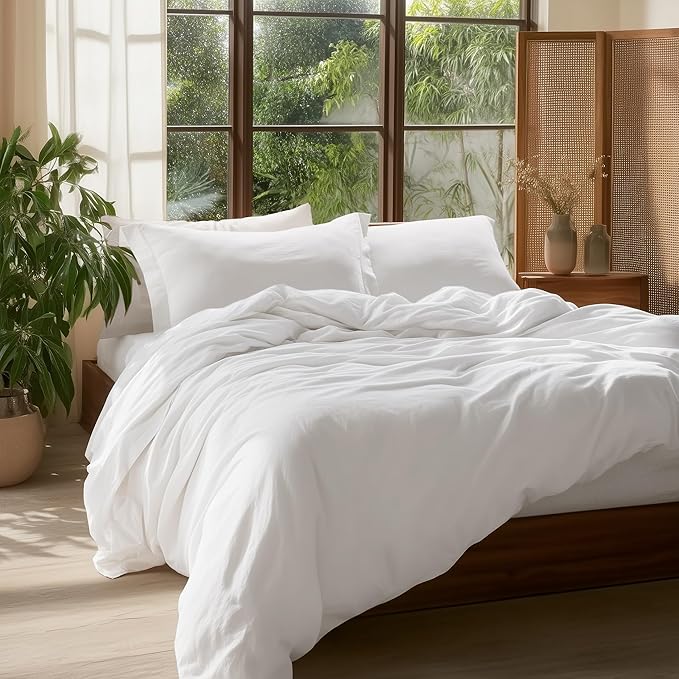 Bedsure 100% Washed Cotton Duvet Cover Cal King - Natural White Minimalist Cotton Duvet Cover Linen Like for All Seasons - GentleSoft™ Plain Simple Bedding, 3 Pieces (White, California King, 104"x98")