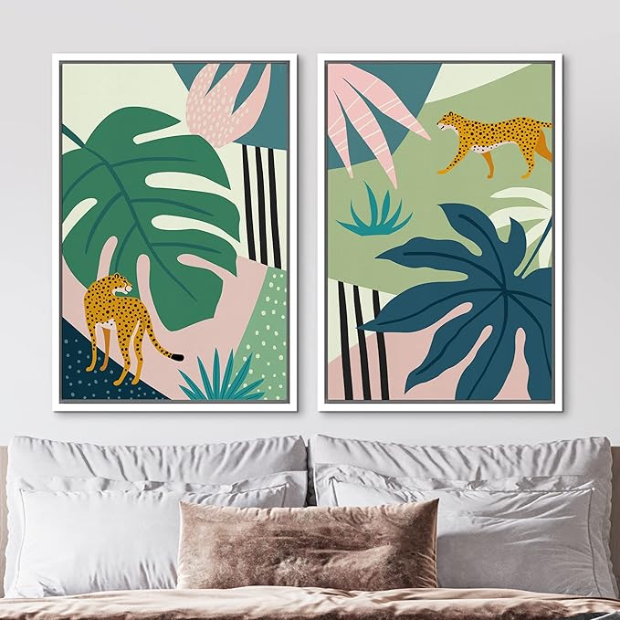 MUDECOR Framed Canvas Print Wall Art Jungle Cheetahs with Tropical Monstera Leaves Abstract Shapes Illustrations Modern Bohemian Nature Colorful for Living Room, Bedroom, Office - 16"x24"x2 White