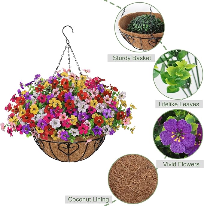 Alynsehom 1 Set Artificial Flowers with Hanging Basket, 1 Outdoor Hanging Plants with 12pcs Faux UV Resistant Fake Silk Azalea in Baskets for Porch Garden Patio Balcony Yard Home Decor(6 Colors)