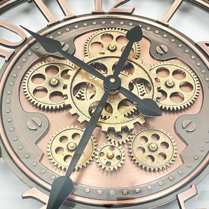 DORBOKER Real Moving Gears Wall Clock Large Modern Metal Clocks for Living Room Decor, Industrial Steampunk Unique Vintage Rustic Decorative Clock for Home Farmhouse Office, 30 Inch Red Copper Arabic