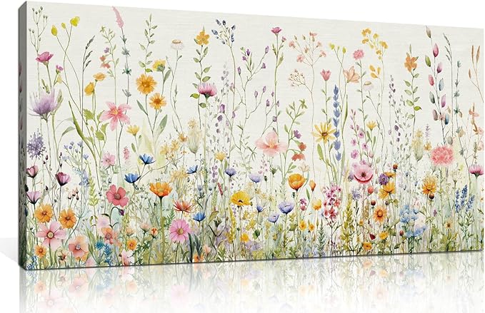 HPINUB Colorful Flower Framed Canvas Wall Art Set, Watercolor Daisy Floral Wall Decor, Wildflower Green Leaf Wall Painting, Multicolour Botanical Art Print for Living Room, Bedroom, Office - 20"x40"