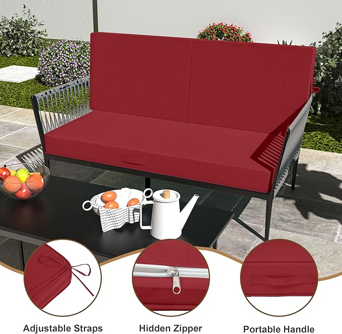 Outdoor Loveseat Cushion Set 46 x 26 Inch, Waterproof & Fade-Resistant Deep Seat Patio Cushions with Removable Cover, Ties & Hidden Zipper, Patio Love Seat Sofa Cushions for Sofa Bench Couch,Wine Red