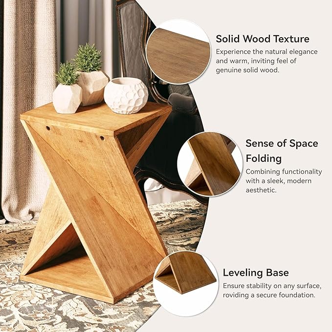 Farmhouse End Table Square Solid Wood Pedestal Side Table Rustic Plant Stand with Twisted Design for Living Room, Bedroom, Office, Natural Wood