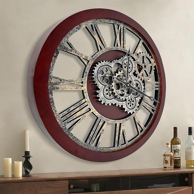 HOIBAI 18 Inch Big Moving Gears Farmhouse Vintage Rustic Roman Oversized Wall Clock for Home Bedroom Kitchen Decor