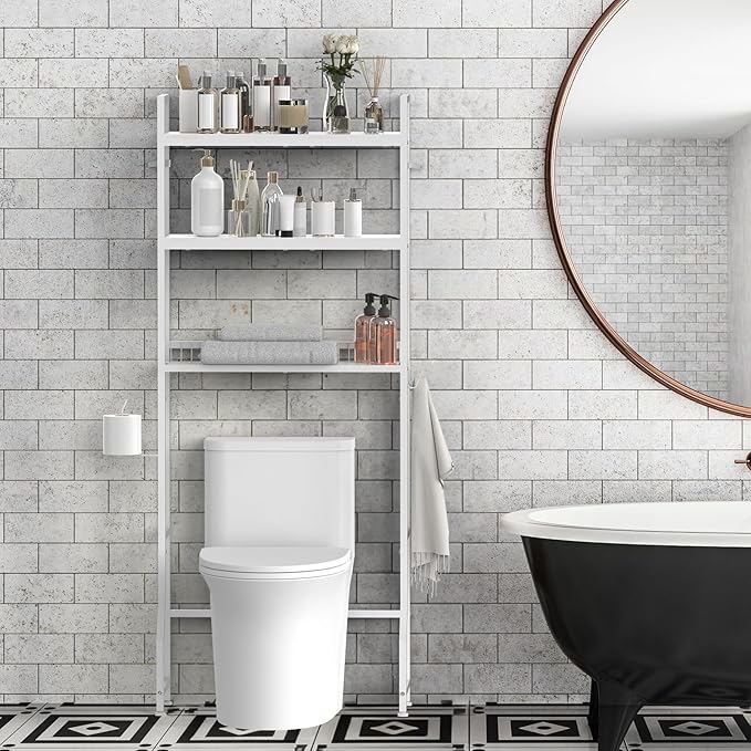 Over Toilet Storage 3 Tier Bathroom Organizer Over Toilet Above Toilet Storage Rack Freestanding Bathroom Space Saver Over Toilet Bathroom Organizer White for Restroom, Laundry, Wooden