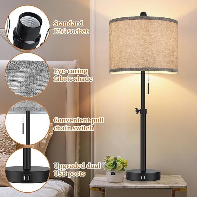 Table Lamps for Bedroom Set of 2, 23''-30'' Adjustable Height Bedside Lamps with 2 USB Ports, Black Nightstand Lamps with Grey Linen Shade, Modern Stylish Living Room Lamp Set with Pull Chain