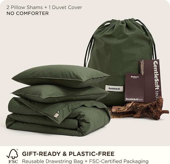 Bedsure Cotton Duvet Cover Queen - Luxury Slub Weave 100% Cotton Duvet Cover Set with a Linen Like Textured, Easy Change Durable Bedding Set 3 Pieces, Olive Green, 90" x 90"