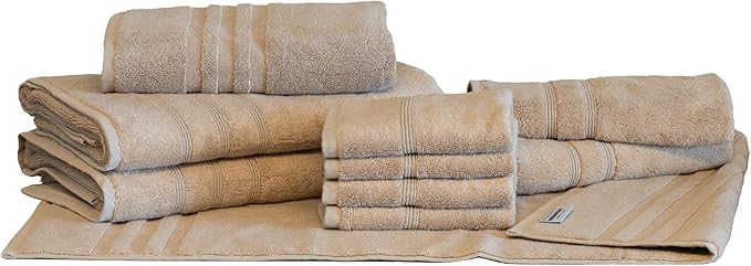 Mosobam Luxury Turkish 10pc Deluxe Bath Bundle Body Hand Face Towel and Mat Light Taupe 700 GSM & 1000 GSM Bamboo Viscose & Aegean Turkish Combed Cotton
