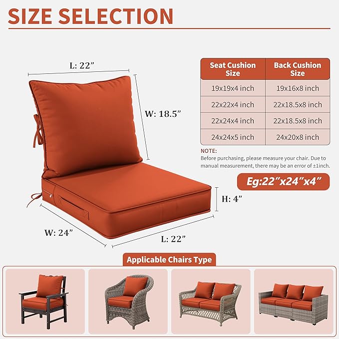 Premium Outdoor Seat Cushion Chair Cushions for Patio Furniture 22 L X 24 W X 4 H Waterproof & Fade Resistant Deep Seat and Backrest Cushion Set with Removable Covers for Chair, Sofa