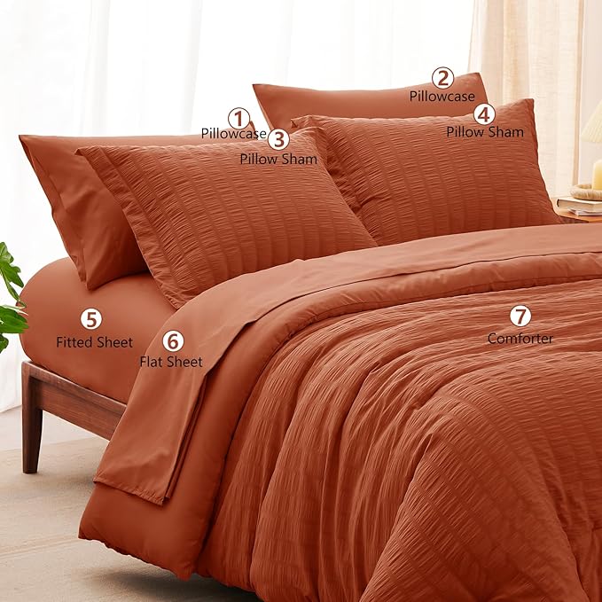 CozyLux Queen Comforter Set Burnt Orange Seersucker 7 Pieces Bed in a Bag Queen Comforter Set with Sheets Terracotta Luxury Bedding Set with Down Alternative Comforter, Sheets, Pillowcases & Shams