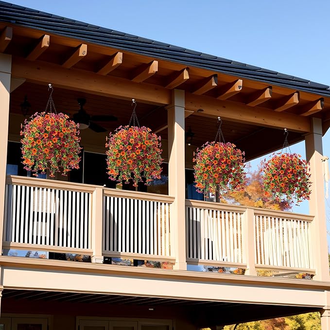 Artificial Fake Fall Hanging Flowers Plants with Basket for Outdoor Decor, Fake Mums Autumn Plants No Fade Plastic Faux Silk Daisy Flowers Fall Decoration for Outside Garden Porch Patio(Yellow Brown)