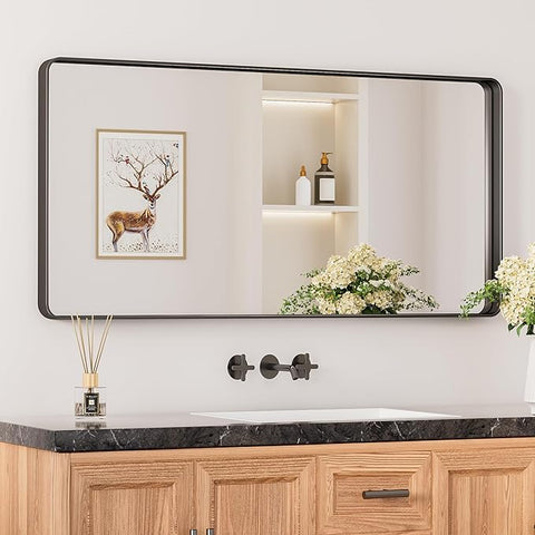 Keonjinn Black Bathroom Mirror for Over Sink, 42 x 20 Inch Rounded Rectangle Bathroom Vanity Mirror, Matte Black Farmhouse Mirror for Wall, HD Tempered Glass, Seamless Aluminum Alloy Frame Mirror
