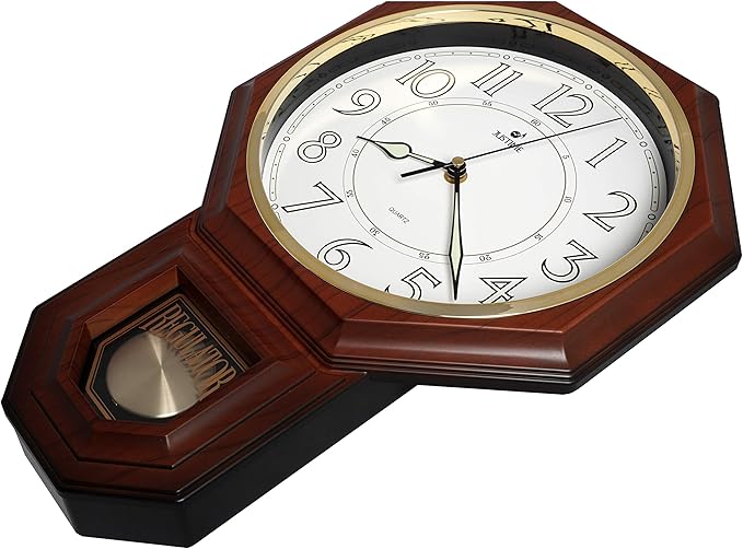 JUSTIME Traditional Schoolhouse Luminious Arabic Regulator Wall Clock, Chiming Wall Clocks with Pendulum & Westminster Chime Hourly, Schoolhouse Wall Decor Battery Operated (Dark Wood Grain)