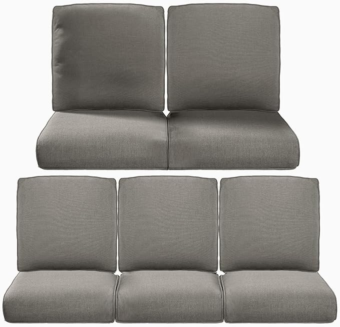 22x25/22x24 Outdoor Cushions for Patio 5 Piece Set - Set of 5 Water-Resistant Replacement Cushion for Wicker Rattan Dining Rocking Swivel Chairs Loveseat Couch Sectional Sofa - Grey/Classic