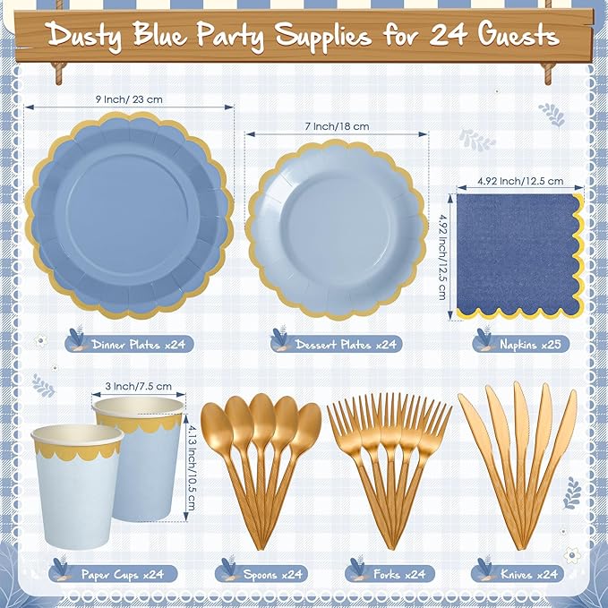 169 Pcs Dusty Blue Plates and Napkins Party Supplies for Guests Blue Tableware Include Scalloped Plates Paper Napkin Cup Spoon Fork Knife for Baby Shower, Wedding, Birthday