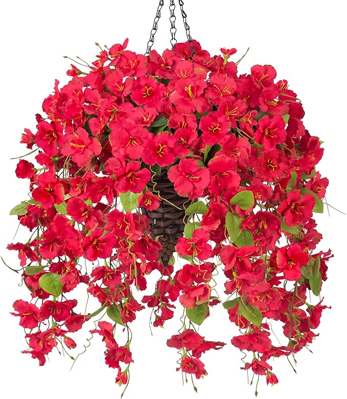 Ivydale Artificial Faux Hanging Flowers Plant Baskets for Outdoors Decoration, Fake Hibiscus UV Resistance Realistic Silk Flower for Outside Home Patio Porch Balcony Garden Wedding, Red