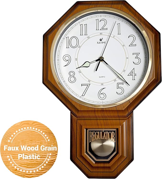 JUSTIME Traditional Schoolhouse Luminious Arabic Regulator Wall Clock, Chiming Wall Clocks with Pendulum & Westminster Chime Hourly, Schoolhouse Wall Decor Battery Operated (Light Wood Grain)