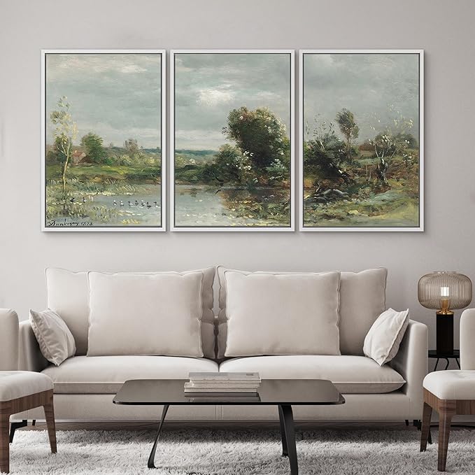 SIGNWIN Framed Canvas Print Wall Art Set Tranquil River Reflections Classic Nature Illustrations Modern Art Decorative Rustic Calm/Zen for Living Room, Bedroom, Office - 24"x36"x3 White