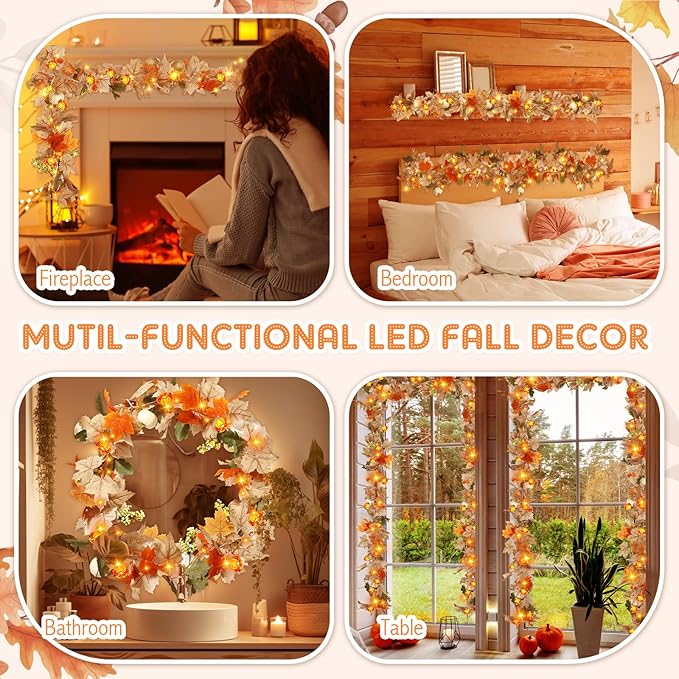 VIHOSE 2 Pack Thanksgiving Maple Leaves Garland Fall Decor 11.5 ft 40 LED with Pumpkin Lights Battery Operated and Timer Remote for Home Thanksgiving Halloween Decor(White)