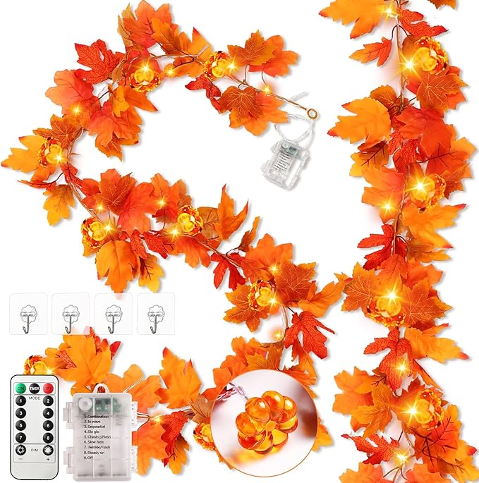 VIHOSE 2 Pack Thanksgiving Maple Leaves Garland Fall Decor 11.5 ft 40 LED with Pumpkin Lights Battery Operated and Timer Remote for Home Thanksgiving Halloween Decor(Orange)