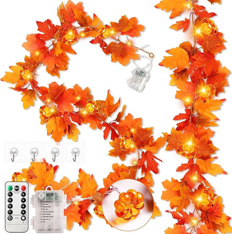 VIHOSE 2 Pack Thanksgiving Maple Leaves Garland Fall Decor 11.5 ft 40 LED with Pumpkin Lights Battery Operated and Timer Remote for Home Thanksgiving Halloween Decor(Orange)