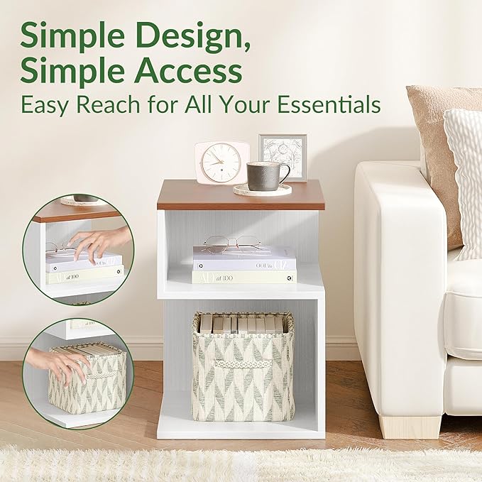 Tokyo S Flip Minimalist 3 Tier End Table - Minimalist 3-Tier Wood Nightstand for Small Spaces with Open Storage - Japanese-Inspired Bedside Table for Bedroom (Reverse, Walnut&White)