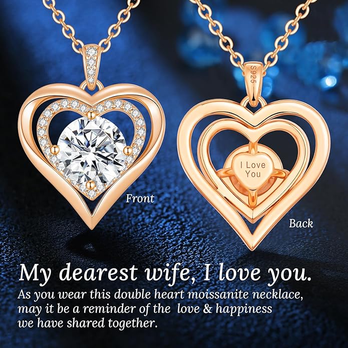 Moissanite Heart Pendant Necklaces for Women, 925 Sterling Silver Gold Plating Lab-Created Gem Necklace Engraved with 'I LOVE YOU', Ideal Anniversary Birthday Christmas Valentine Engagements Mothers Day Jewelry Gifts for Mom Wife Girlfriend Daughter Her