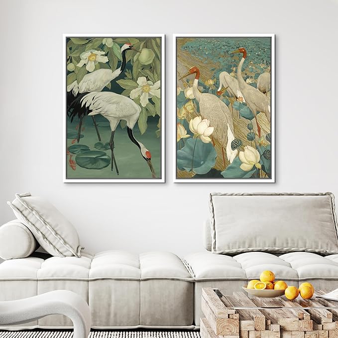 MUDECOR Framed Canvas Print Wall Art Elegant Cranes Among Lotus Flowers Nature Illustrations Modern Art Decorative Multicolor Minimalism for Bedroom - 24"x36"x2 White