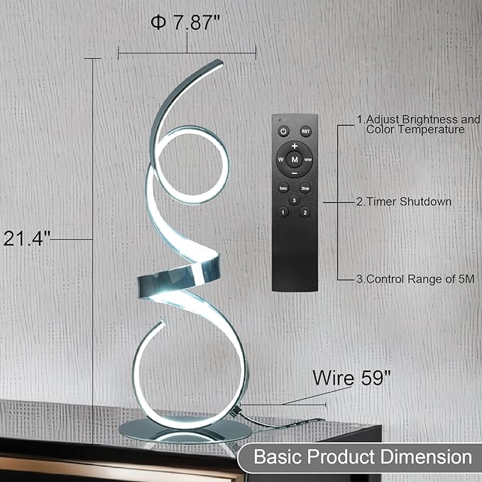 20W Modern Table Lamp,2700LM 3 Colors Remote Stepless Dimmable Bedside Lamp, Chrome LED Art Desk Lamp 21.4 Inch with Touch Switch for Living Room,Bedroom