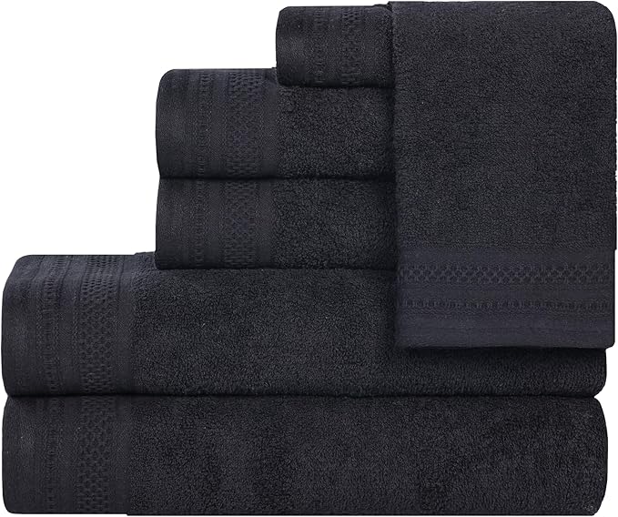 Superior Honeycomb Cotton Medium Weight Towels, for Guest Bath, Master Bathroom, Shower, Quick Dry, Adults, Home Essentials, Textured Waffle Border, Assorted Towel Set, 6 Piece Towel Set, Black
