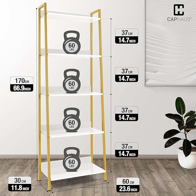 CAPHAUS 5 Tier Ladder Bookshelf, 24 Inch Width Free Standing Shelf, Bookcase Shelf Storage Rack Organizer, Industrial Book Shelves for Home Office, Living Room, Kitchen, White Shelves & Gold Frame