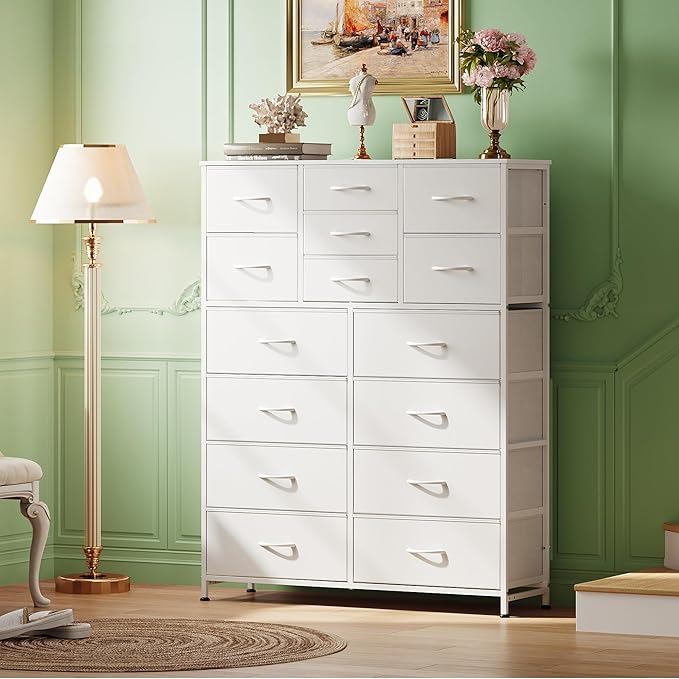 WLIVE Tall Console Table with 15 Fabric Drawers, Entryway Table with Storage, Tall Storage Organizer with Wood Top, Steel Frame for Living Room, Hallway, Office, White