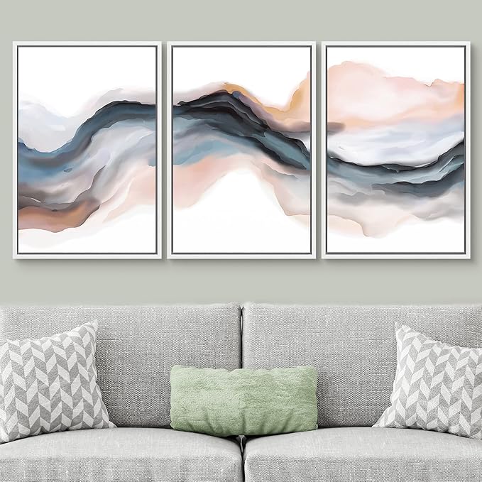 SIGNWIN Framed Canvas Print Wall Art Set Pastel Watercolor Blue Brown Ink Wave Smoke Landscape Abstract Shapes Illustrations Modern Art Decorative for Living Room, Bedroom, Office - 24"x36"x3 White