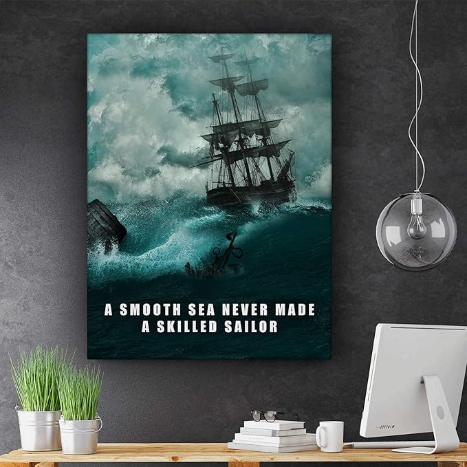 SuccessHunters A Smooth Sea Never Made A Skilled Sailor Wall Art Canvas Print Office Decor Motivational Entrepreneur Quote (48" x 36")