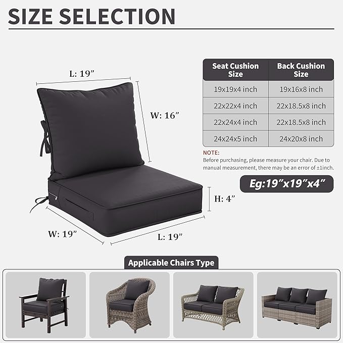 Premium Outdoor Seat Cushion Chair Cushions for Patio Furniture 19 L X 19 W X 4 H Waterproof & Fade Resistant Deep Seat and Backrest Cushion Set with Removable Covers for Chair, Sofa