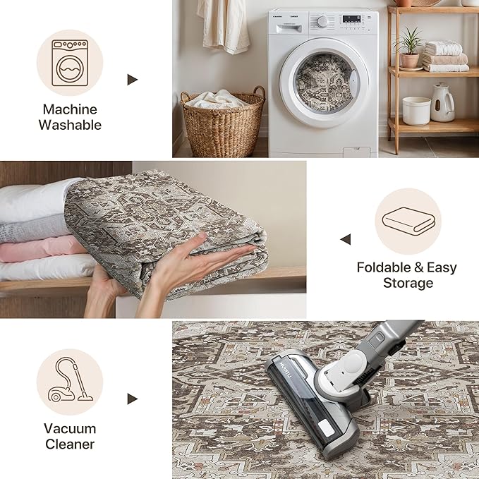 GENIMO 5X7 Area Rugs for Living Room, Machine Washable Vintage Floor Cover Foldable Modern Non Slip Rug, Low Pile Soft Indoor Carpet Floral Print Mat Rug,Bedroom/Dining Room/Home Office,Taupe