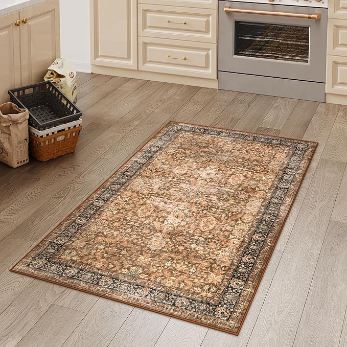 Morebes Vintage Machine Washable Area Rugs, Boho 3x5 Rug for Entryway, Soft Low-Pile Distressed Dorm Rug Indoor Floral Print Throw Carpet for Bedside Kitchen Foyer Playroom, Dark Brown