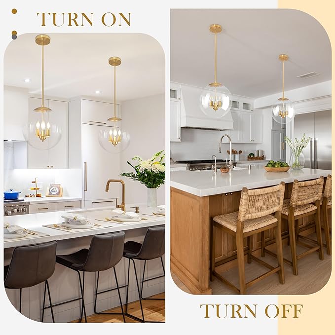 13.7" Globe Pendant Light Contemporary Globe Pendant Lights Kitchen Island 3 Light Gold Mid Century Pendant Light Clear Glass with Brass Finish Adjustable Hanging Light Fixture for Dining Room