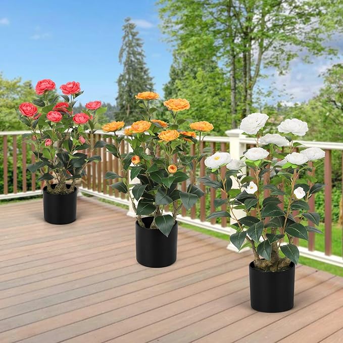 Romantic Season 2FT White Artificial Camellia Tree 2Pack, Faux Camellia Plant Fake Potted Camellia Flower Tree Plastic Camellia Tree for Modern Home Office Living Room Floor Décor