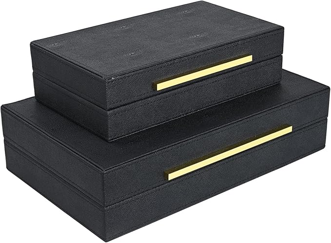 Black Shagreen box Set of 2 Faux Leather Decorative Boxes,Large Nesting Storage Decorative Boxes with Lids for Modern Home Decor Stacking Jewelry Box Organizer