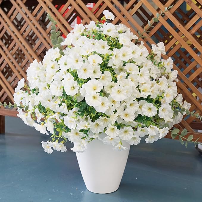 26PCS White Faux Flowers for Outdoor Planters Artificial Flowers for Outdoors Morning Glory Fake Outdoor Flowers UV Resistant for Porch Terrace Yard