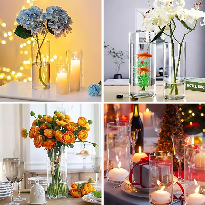 18 Pack Glass Cylinder Vases Set, 6,8,10 Inch Clear Cylinder Vases Candle Holder for Centerpirces Decoration, Tall Clear Flower Hurricane Candle Holder for Wedding Party Home Decor