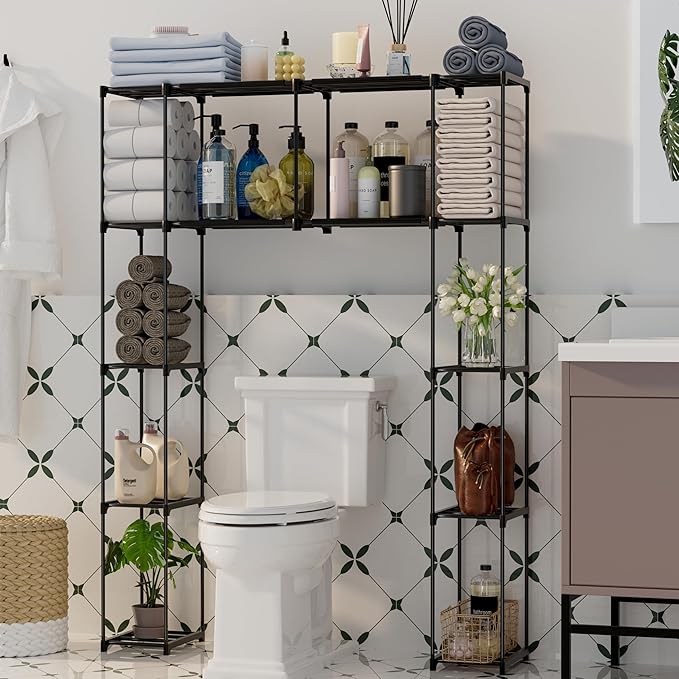 PPN Over-The-Toilet Storage Cabinet Premium Bathroom Organizers Solution for Small Spaces Black Bathroom Shelf Accessories Freestanding Shelves Towel Storage and Decorative Shelving Units Large