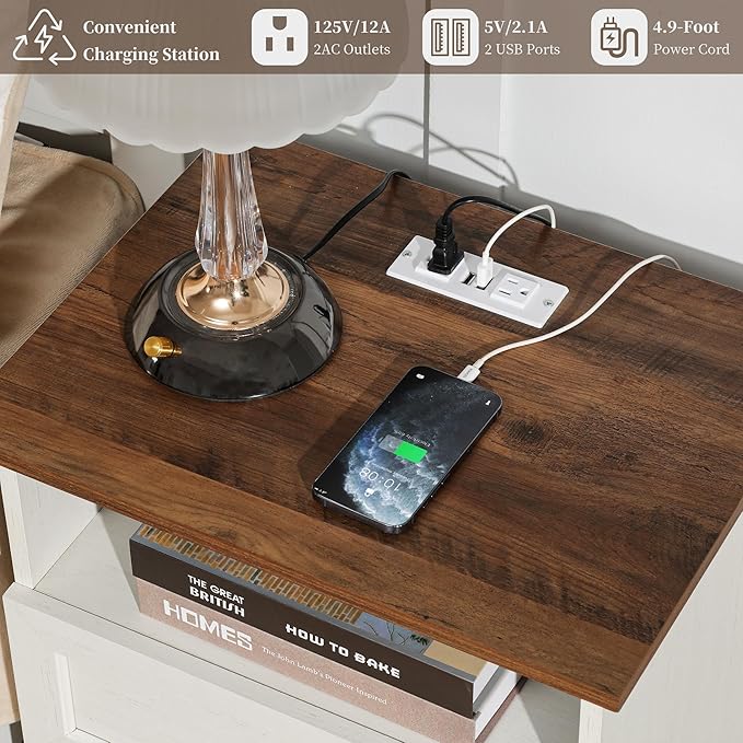 Night Stand with Charging Station, Bedside Table with 2 Drawers Storage and Open Shelf, White Nightstand with Outlets, Wood Modern End Table for Bedroom Office